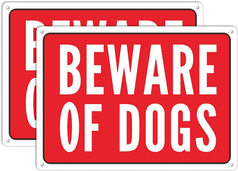 Beware of Dog Sign, Metal Warning the Dogs Signs for Fence Gate, 2 Pack 10 x 7 inches, for Indoor and Outdoor Use, No Fade Aluminum Weatherproof L...