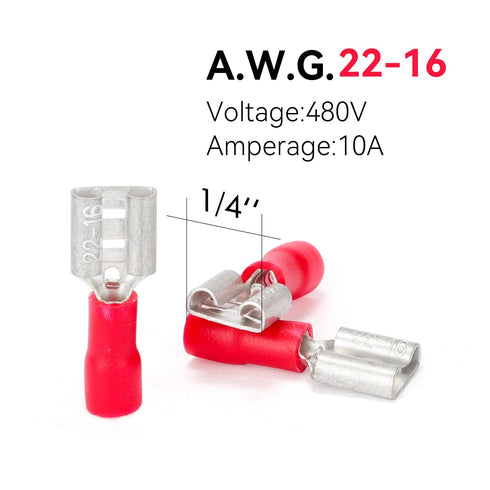HKS 150PCS Female Vinyl Insulated Spade Connector Red 22-16 AWG - 6.3mm 1/4" Electrical Quick Disconnect Wire Connectors Kit - Tinned Copper PVC T...