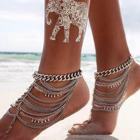 Yokawe Boho Layered Ankle Bracelets Silver Coin Anklet Chain Tassel Summer Beach Barefoot Sandals Foot Jewelry for Women and Teen Girls (2PCS)...