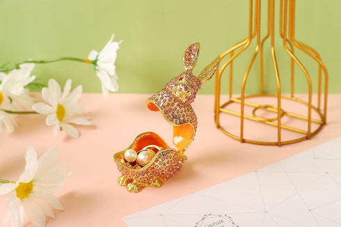 Cute Rabbit Jewelry Trinket Box with Hinged Animal Ornaments Gift for Home Decor...
