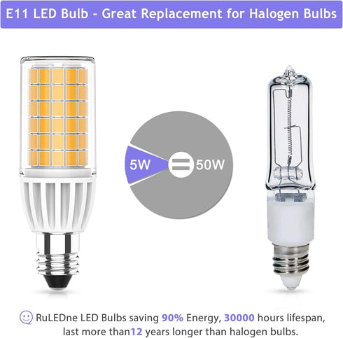 E11 LED Bulb 5W Dimmable, 50W or 60W E11 Halogen Bulb Replacement, Warm White 3000K, E11 Mini Candelabra Base, JD T3/T4 360 Degree Beam Angle E11 ...