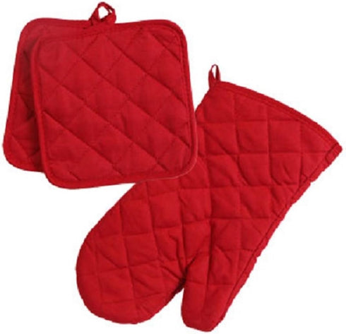 Home Collection Red 3pc Set Oven Mitt & Potholders...