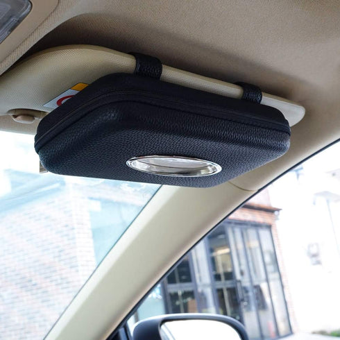 Sun Visor Tissue Holder, Zipper Napkin Holder, PU Leather Backseat Tissue Case for Car, Vehicle (Black)...
