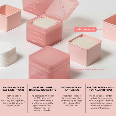 (Only Refill) Mediheal Collagen Ampoule Pad (100 Pads) - Cotton Facial Toner Pads for Skin Firming & Restore Elasticity - Vegan Eco Silk Pad...