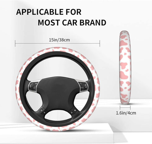 Pink Cow Print Steering Wheel Cover for Women Men with 2 Pcs Car Coasters, Universal 14.5-15 Inch Rainbow Steering Wheel Covers Non-Slip Car Acces...