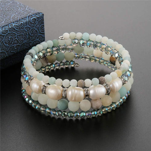 PEARL&CLUB Bead Crystal Wrap Bangle Bracelet - Fashion Jewelry Beaded Bracelet with Silver Metal, Gifts for Women...