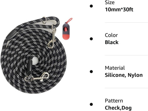 Long Rope Dog Leash for Dog Training 12FT 20FT 30FT 50FT, Reflective Threads Dog Cat Leashes Tie-Out Check Cord Recall Training Agility Lead for L...