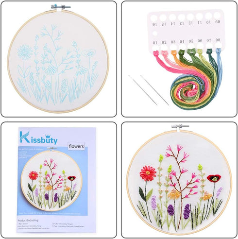 KISSBUTY Full Range of Embroidery Starter Kit with Pattern, Cross Stitch Kit Including Embroidery Fabric with Floral Pattern, Bamboo Embroidery Ho...