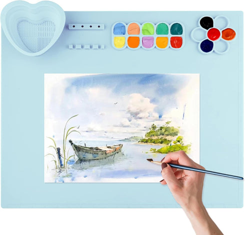 Silicone Painting Mat for Crafts Kids: Silicone Painting Station Pad with Cup and Paint Brush Holder Palette, 20"x16" Paint Tray Palette Craft Mat...
