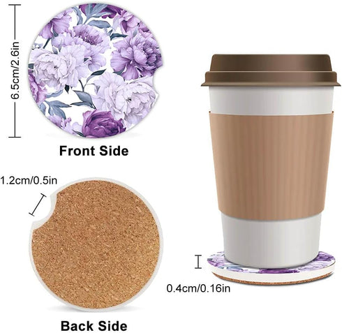 Purple Floral Cup Holders Car Coasters Set for Women Girl,Pretty Design Keep Cup Holders Clean and Dry,Drink Cup Car Holder Coasters with A Finger...