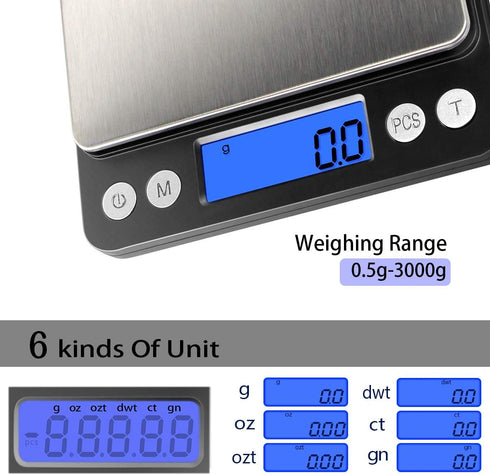 Fuzion Digital Kitchen Scale 3000g/ 0.1g, Pocket Food Scale 6 Units Conversion, Gram Scale with 2 Trays, LCD, Tare Function, Reptile Scale, Herb S...