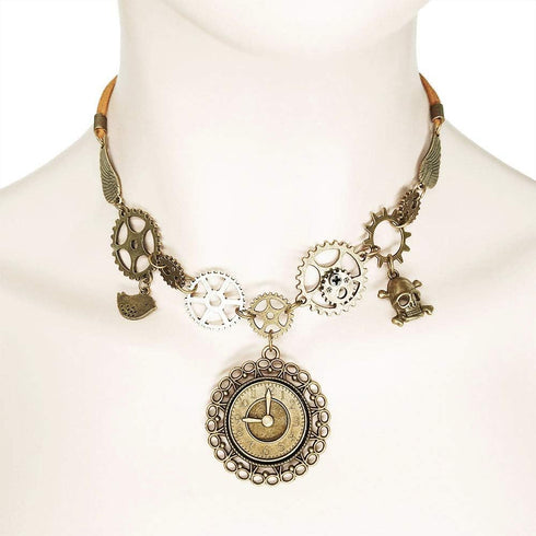 Steampunk Gears Pendant Statement Necklace Vintage Bronze & Silver Watch Clock Clockwork Hand Gear Cog Handmade Kinetic Winged Gear Necklace and E...