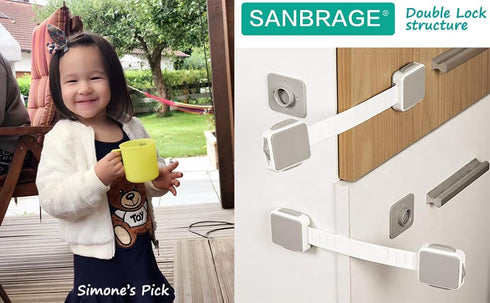 Child Safety Strap Locks (4 Pack) for Fridge, Drawers, Oven, Cabinets, Toilet, Dishwasher, Double Lock Structure, 3M Adhesive No Drilling-SANBRAGE...