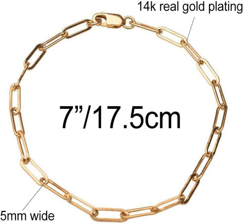 14K Gold Filled Stainless Steel Paperclip Chain Bracelet for Women, 7.5” Rectangle Link Bracelets, Waterproof and Never Tarnish...