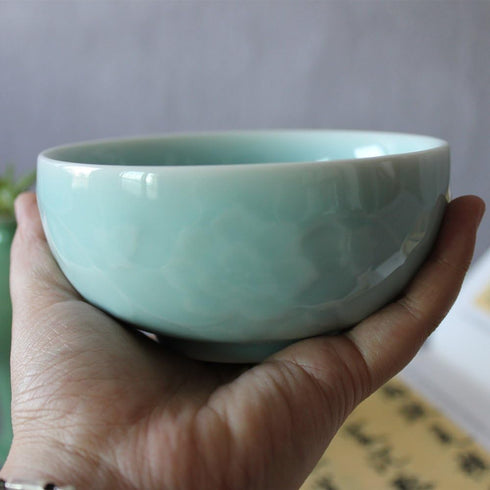 Chinese Rice Bowl 10oz Celadon Dinnerware Engraved Peony 4.5Inch Porcelain(1, Sky Blue)...