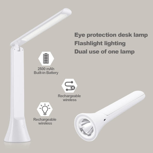 Rechargeable Desk Lamp, Foldable Portable Battery Operated Desk Lamp for Home Office, 2500mAh Cordless LED Desk Lamp with Flashlight Function, Eye...
