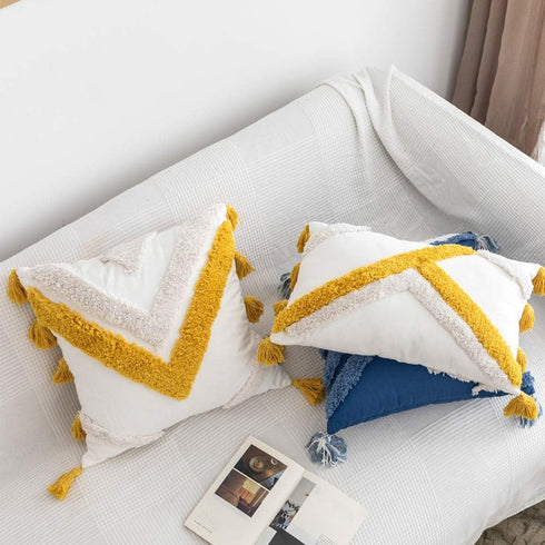 vctops Geometric Embroidery Tufted Throw Pillow Covers 18x18 Inch Farmhouse Cotton Canvas Woven Tufted Tassel Cushion Covers Home Decor (Mustard Y...