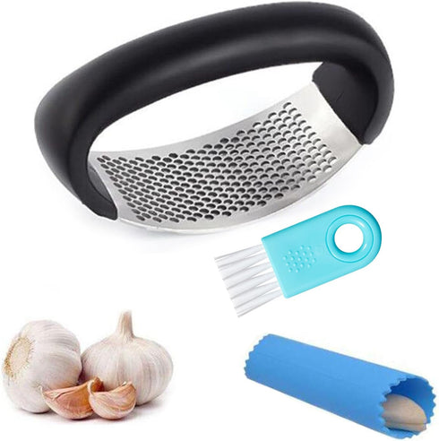 Garlic Press Rocker - Stainless Steel Garlic Crusher, Chopper, Mincer with Silicone Garlic Peeler, Mini Brush Tools For You (Black)...