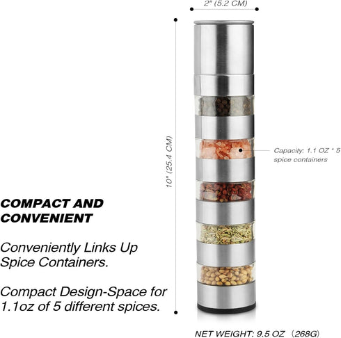 Sunmei Portable Travel Spice Kit, Modular Travel Spice Containers, 5-in-1 Spice Salt and Pepper Grinder Set for Camping Kitchen, Travel, Car Campi...
