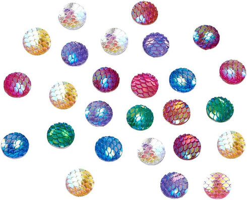 SUNNYCLUE 160pcs 8 Color(20pcs/Color) 12mm Flat Back Mermaid Fish Scale Resin Cabochons Round Iridescent Cameo Sparkly Glitter Cabs for DIY Earrin...