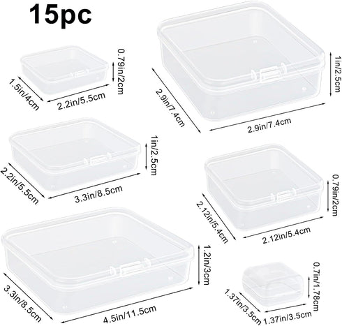 15Pcs Mini Storage Containers, Mixed Sizes Small Rectangular Clear Plastic Storage Containers Box with Hinged Lid for Beads, Organizie Tiny Items,...