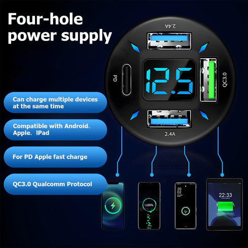 4 Ports USB Car Charger Adapter, Auto Portable PD 3.1/QC 3.0 Fast Charge Cigarette Lighter with Flush Fit Charging Plug, Compatible with iPhone 14...