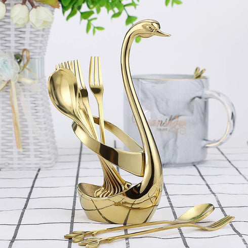 AnSaw Gold Swan Base Holder Set with 10 Pcs 4.7" Mini Leaf Teaspoons & Dessert Forks - Perfect for Appetizers,Salads,Cakes,Fruits,Cocktails,Tea,Es...