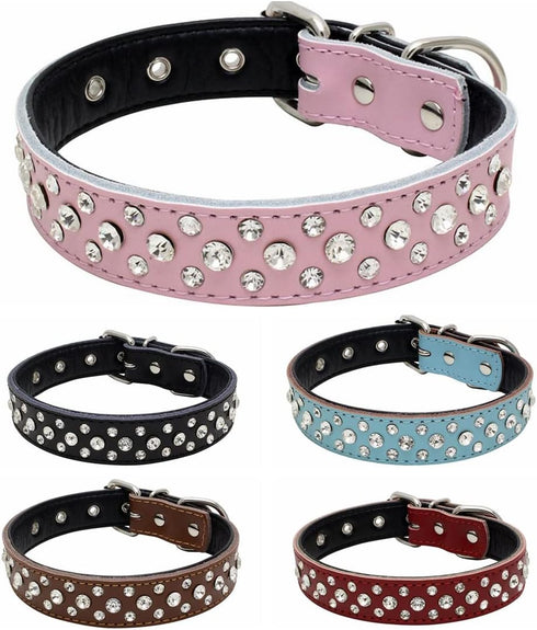 Rhinestones Dog Collar, Adjustable Sparkly Crystal Studded Genuine Leather Pet Dog Collar for Small and Medium Dogs (L, White)...