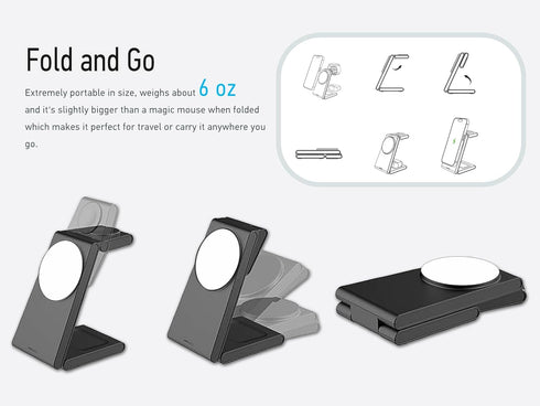 Wireless 3-in-1 Magnetic Charging Station, Qi Certified15W MagSafe-Compatible Wireless Charger Stand, Foldable Charger for iPhone 15/14, AirPods, ...