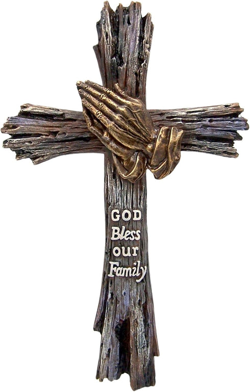 God Bless Our Family Wall Cross with Praying Hands, Rustic Wood Look, 13 Inches...