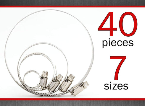 Hose Clamp Kit - 40 Piece 307 Stainless Steel 7 Sizes 6-38mm - Hose Clamps Assortment Pipe Clamp Adjustable - Clamp Assortment Kit, Fuel Line Clam...