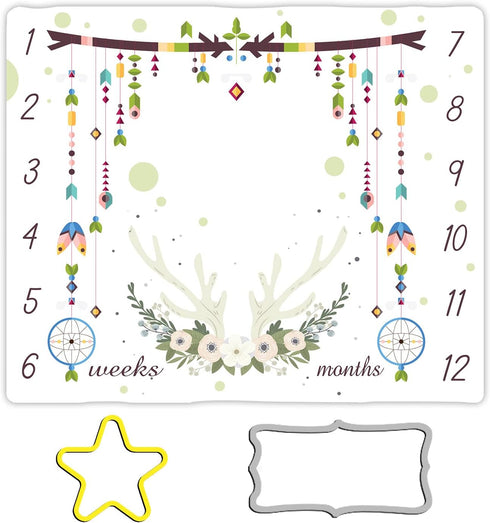 Deer Baby Monthly Milestone Blanket, 48x40in Antlers Wind Chimes Blanket Bohemian Style Dream Catcher for Nursery Newborn Baby Shower,Baby Growth ...