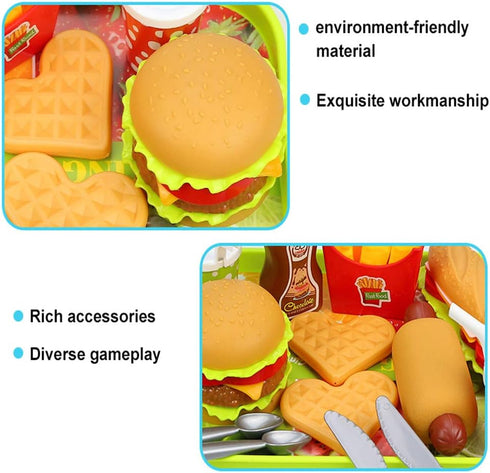 Pretend Play Fast Food Set, Play Food for Kids Kitchen - Play Kitchen Accessories - Toy Foods with Play Burger and Hot Dog Plastic Food for Preten...