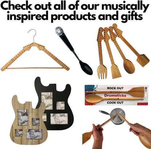 Bamboo Guitar Neck Shaped Kitchen Cooking Utensil Set - Guitar Shaped Musician Gifts - Set of 4: Spoon, Spatulas and Salad Fork...