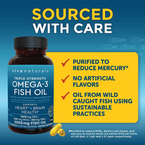 Viva Naturals Triple Strength Omega 3 Fish Oil Supplement - 2500 mg Fish Oil with Re-Esterified Omega 3 Fatty Acids Including EPA, DHA DPA - 60 Pe...