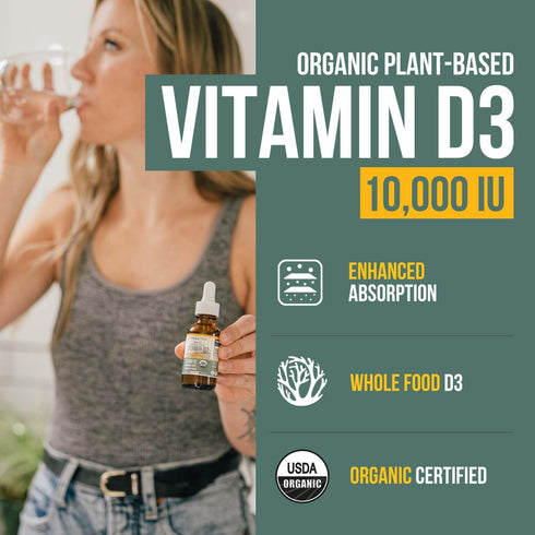 Organic Vitamin D3 10,000 IU - Plant D3, Vegan, Max Strength Sublingual Liquid D3 Drops - 200% Higher Absorption, 100% Plant-Based Cholecalciferol...