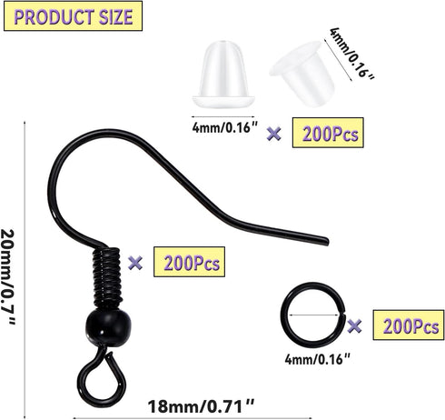 600Pcs Hypoallergenic Earring Hooks, Black Earring Making Kit, Earring Making Supplies with Earring Backs and Jump Rings for Jewelry Making (Black...