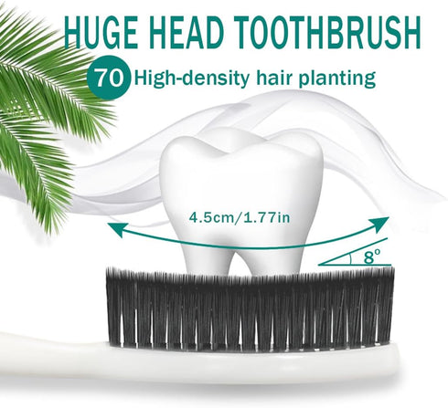 Large Long Head Toothbrush, 4-Pack, Upgraded Hard & Firm Charcoal Bristles, Whitening Teeth, Removing Plaque, Brace, Cigarette, Coffee and Other S...