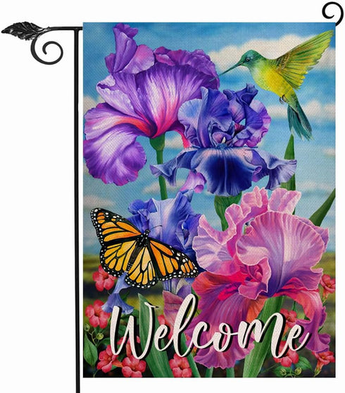 Welcome Spring Hummingbird Iris Garden Flag Double Sided, Purple Flower Bird Yellow Butterfly Decorative House Yard Outdoor Small Decor, Summer Fl...