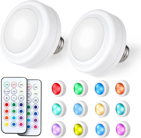 2 Pack Battery Operated Light Bulbs, 13 RGB Color Battery Powered LED Light Bulb with Remote Control, Dimmable E26 Screw in Puck Lights for Non El...