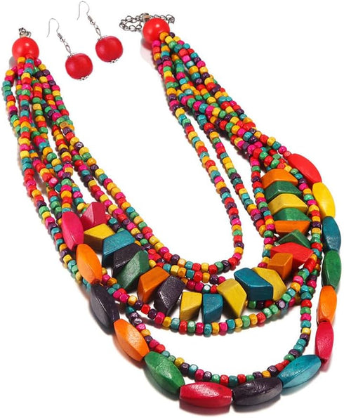 COLORFUL BLING Handmade Multi-Layer Chunky Wooden Beads Bib Necklace Earrings Set African Statement Collar Choker Multi Strand Necklace Boho Jewel...