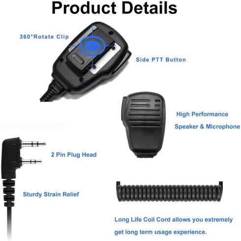 SAMCOM Walkie Talkie Speaker Mic, 2 Pin K Type Handheld Two Way Radios Shoulder Lapel Mic Microphone with Rainforced Cable,1 Pack...