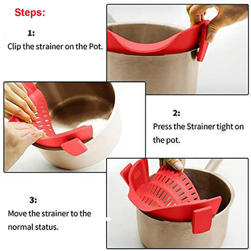 Snap Strainer, Clip on Strainer for Pots Pans, Hands-free Clip-on Heat Resistant Silicone Colander Pour Spout for Pasta Vegetable Noodles, Colande...