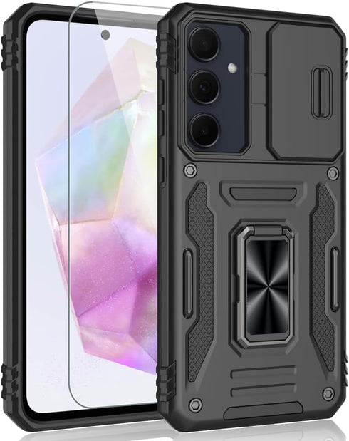 for Samsung Galaxy A35 5G Case, Shockproof Phone Case & Sliding Camera Cover & Ring Holder Kickstand with Screen Protector for Samsung Galaxy A35 ...