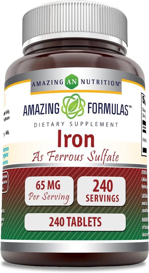 Amazing Formulas Iron as Ferrous Sulfate Supplement | 65 Mg | 240 Tablets | Non-GMO | Gluten Free | Made in USA...
