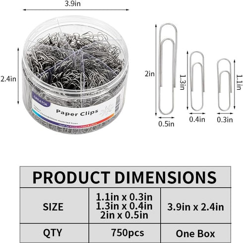 Paper Clips Colorful, 750PCS Small Medium and Jumbo?1.1 inch & 1.3 inch & 2 inch?, Durable and Rustproof, Large Great for Office School Organizing...