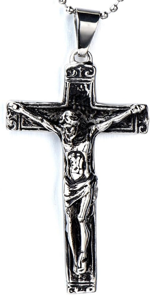 COOLSTEELANDBEYOND Stainless Steel Gothic Crucifix Cross Necklace Pendant Necklace with 30 Inches Steel Ball Chain...