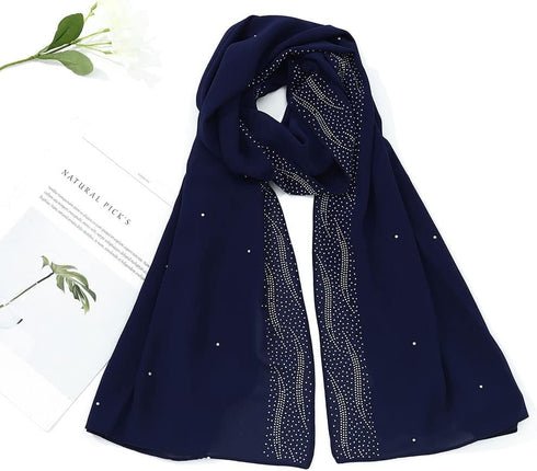 Woeoe Chiffon Muslim Hijab Navy Blue Rhinestone Long Scarf Lightweight Breathable Head Wrap Scarf Shawl for Women and Girls...