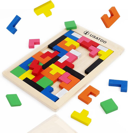 Wooden Puzzles Blocks Brain Teasers Toy Russian Tangram Colorful Jigsaw Game Montessori Intelligence STEM Preschool Educational Gift for Baby Todd...