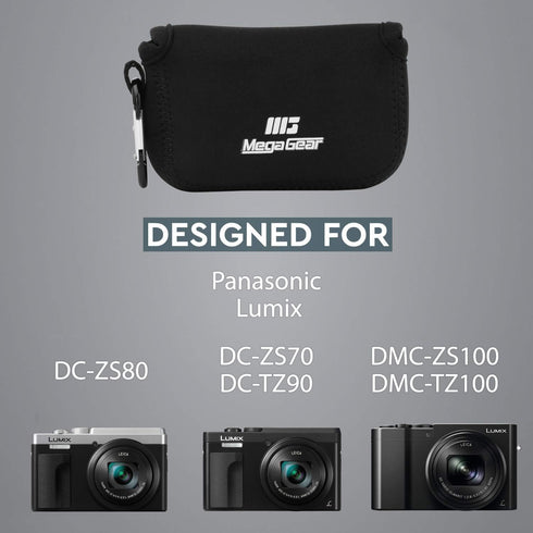 MegaGear ''Ultra Light'' Neoprene Camera Case Bag with Carabiner for Panasonic Lumix DC-ZS80, DC-ZS70, DMC-ZS100, DC-TZ95, DC-TZ90, DMC-TZ100 (Bla...